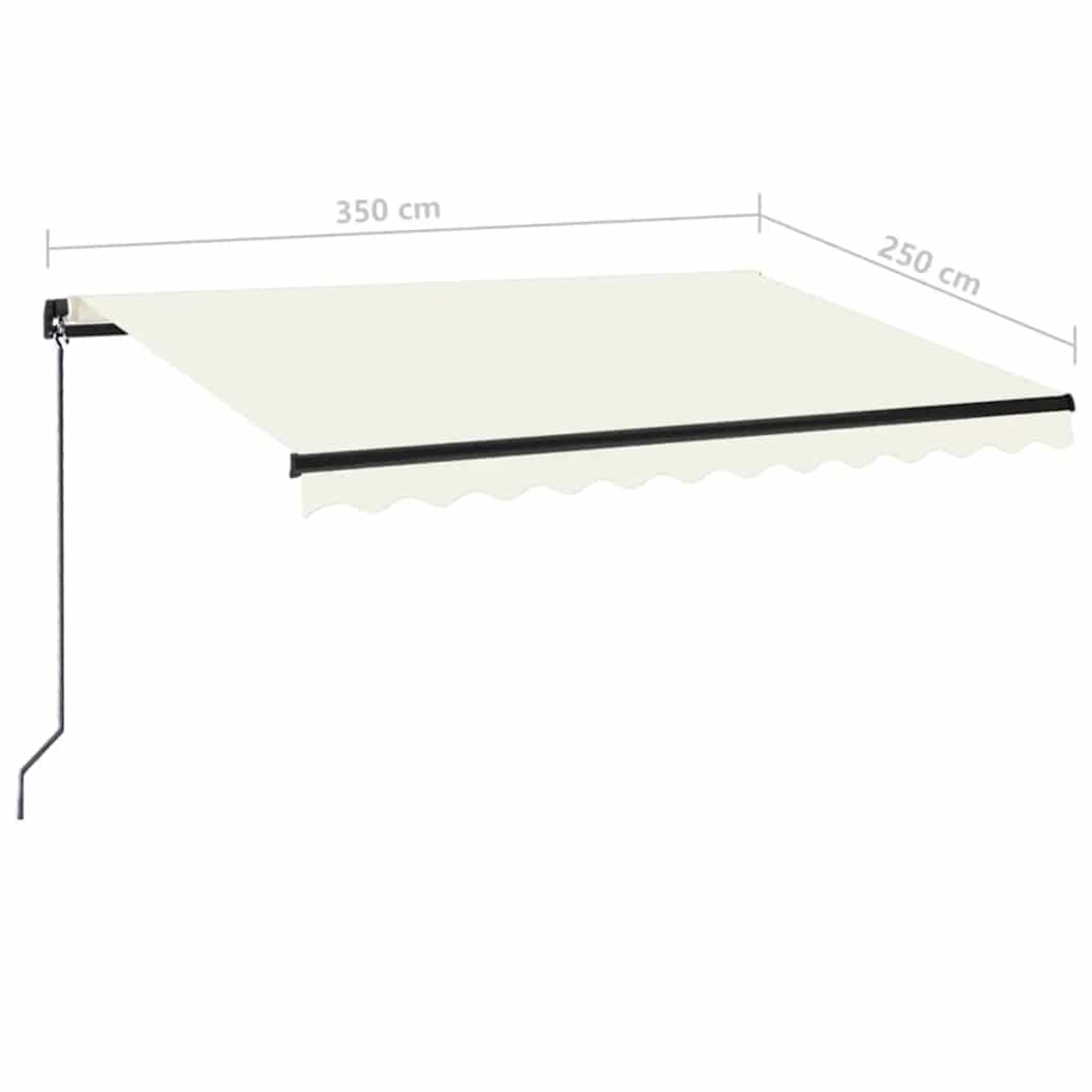 Ein cremefarbener Sonnenschutz, 350 cm breit und 250 cm tief.