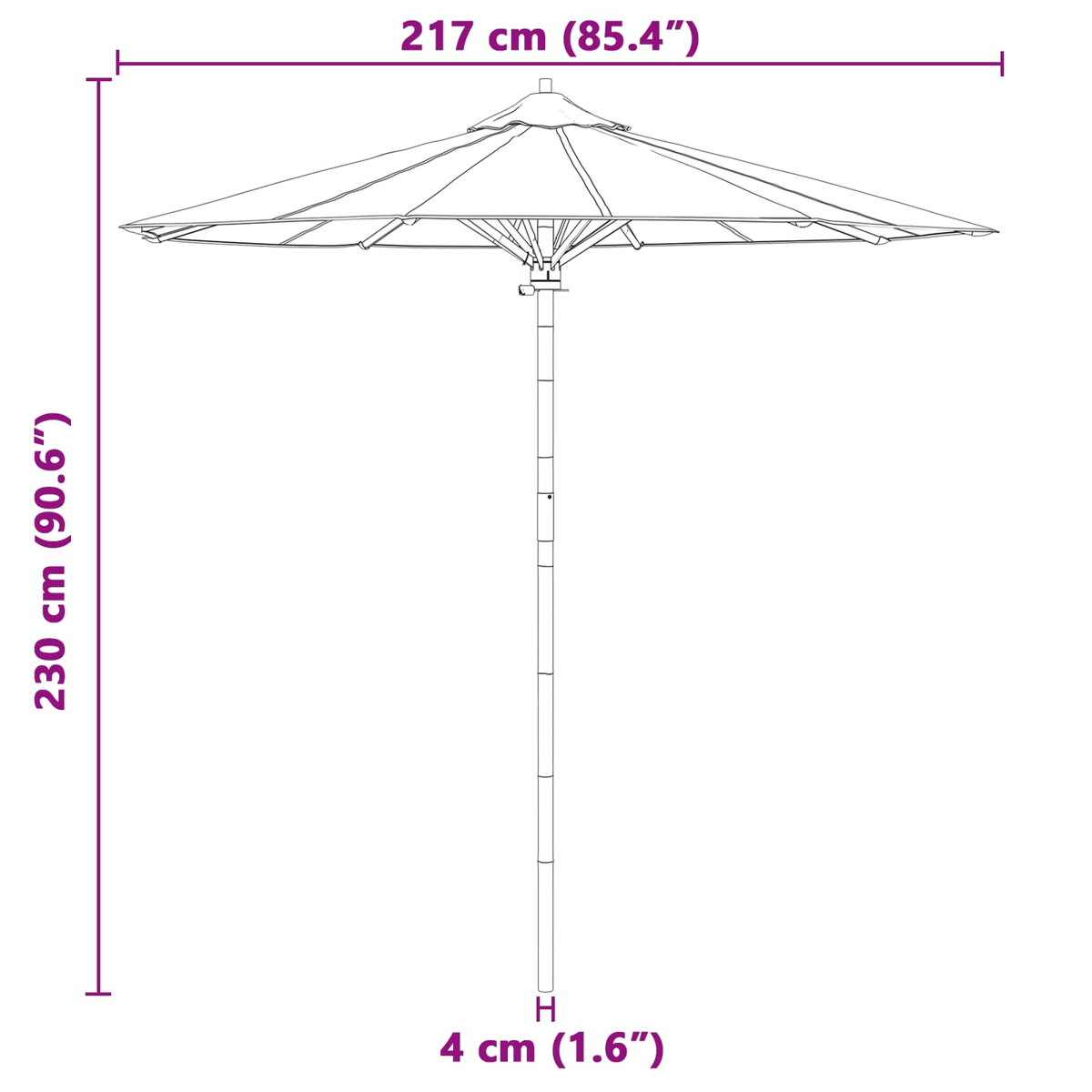 Un ombrellone da esterno di 217 cm di diametro e 230 cm di altezza.