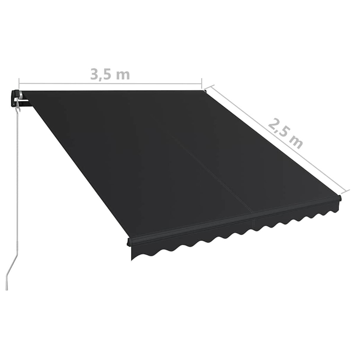 Eine ausgefahrene, schwarze Markise mit Wellenrand, 3,5m breit, 2,5m Ausladung.