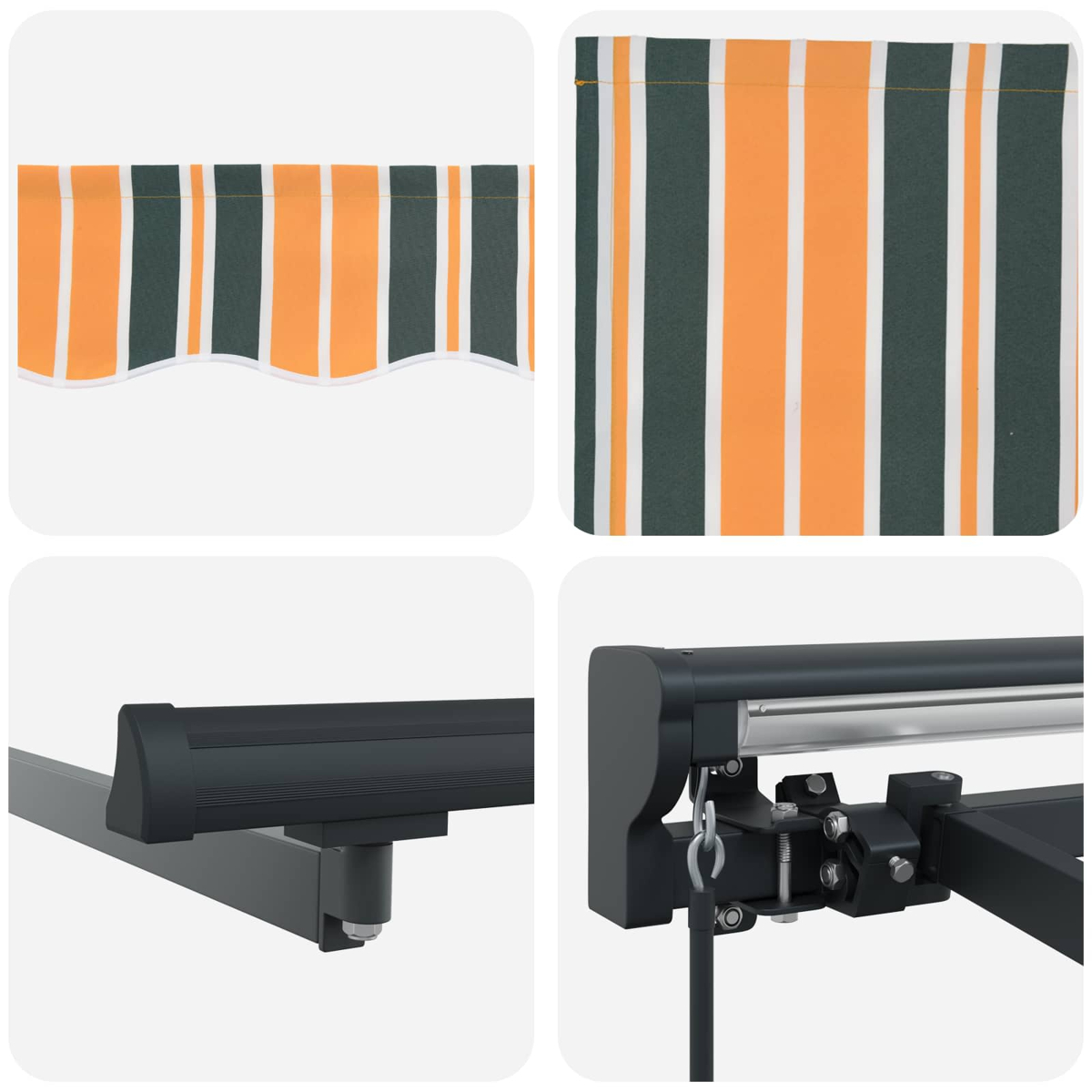 Markise mit orange-grünen Streifen und Metallhalterung. Nahaufnahmen zeigen Stoff und Mechanismus.