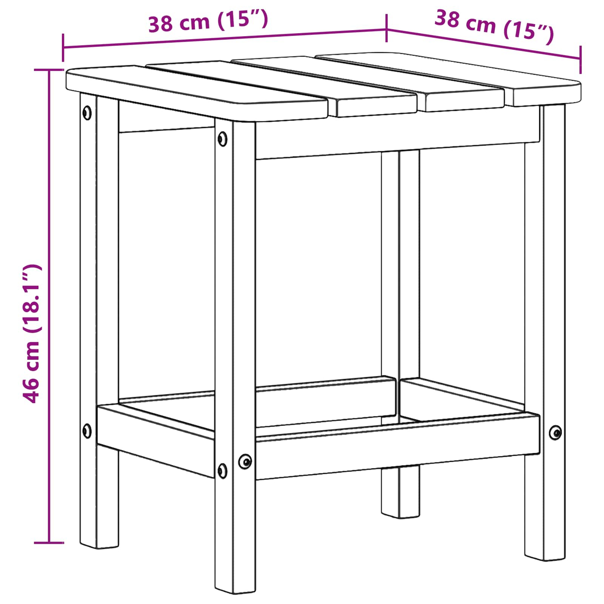 Ein rechteckiger Tisch aus Holzlamellen, 38x38x46 cm.