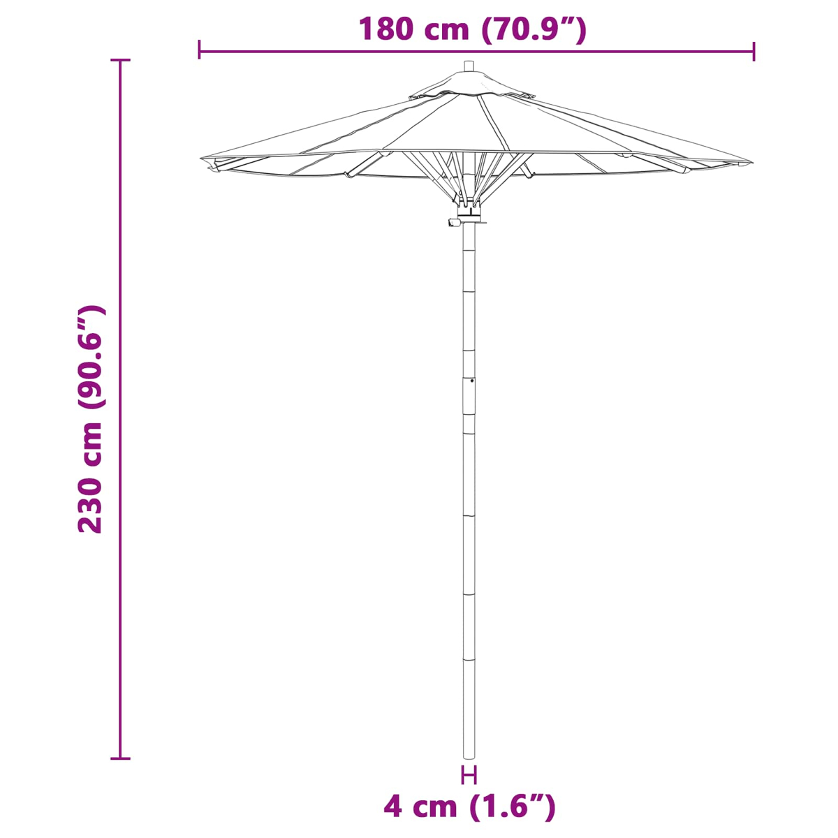 Un ombrellone largo 180 cm (70.9") e alto 230 cm (90.6").