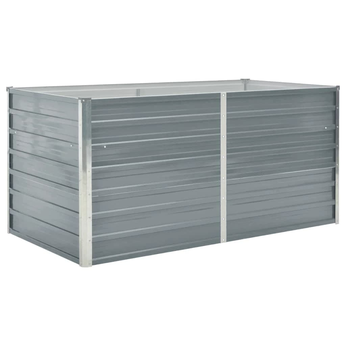 Ein rechteckiger, grauer Metall-Hochbeet mit horizontalen Rillen.