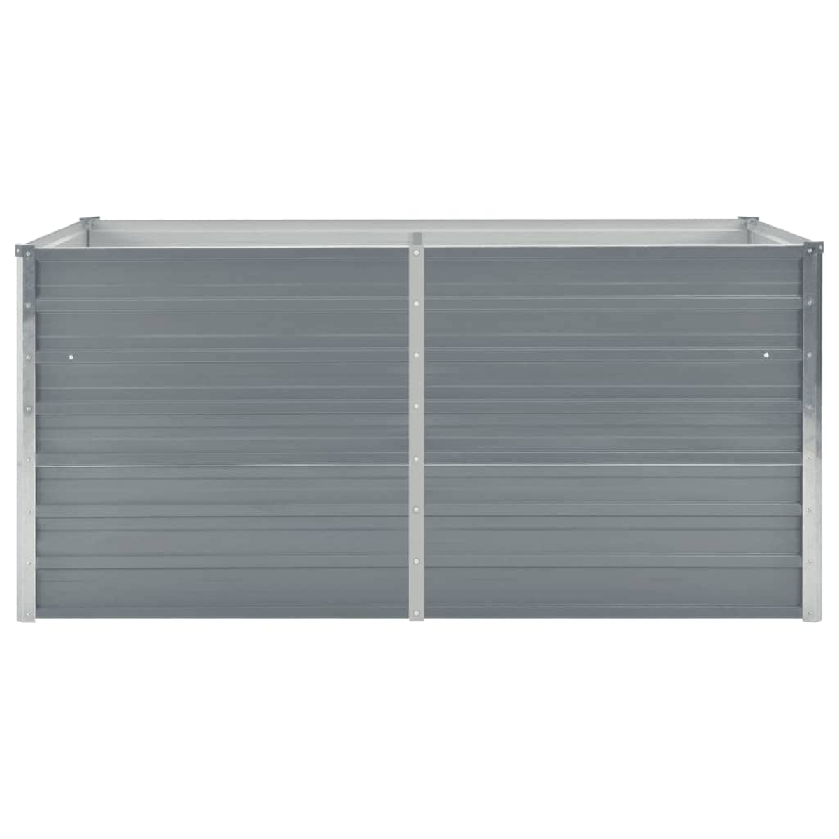 Ein rechteckiger, grauer Hochbeet-Rahmen aus Metall mit horizontalen Rillen.