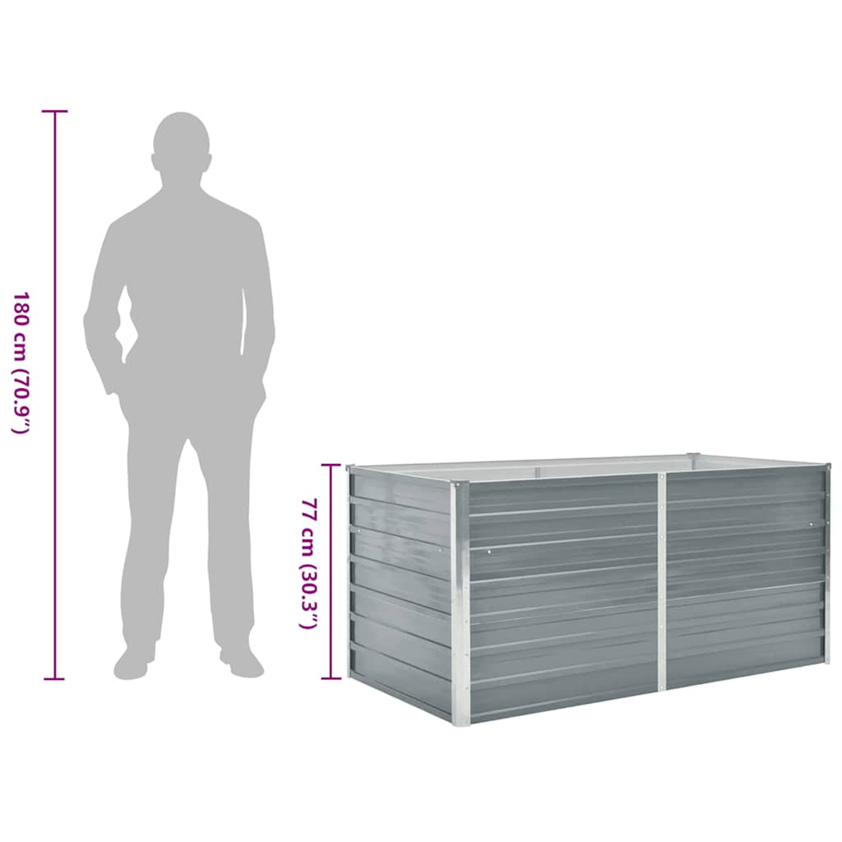 Ein grauer Hochbeet-Bausatz neben einer 180 cm großen Silhouettenfigur.