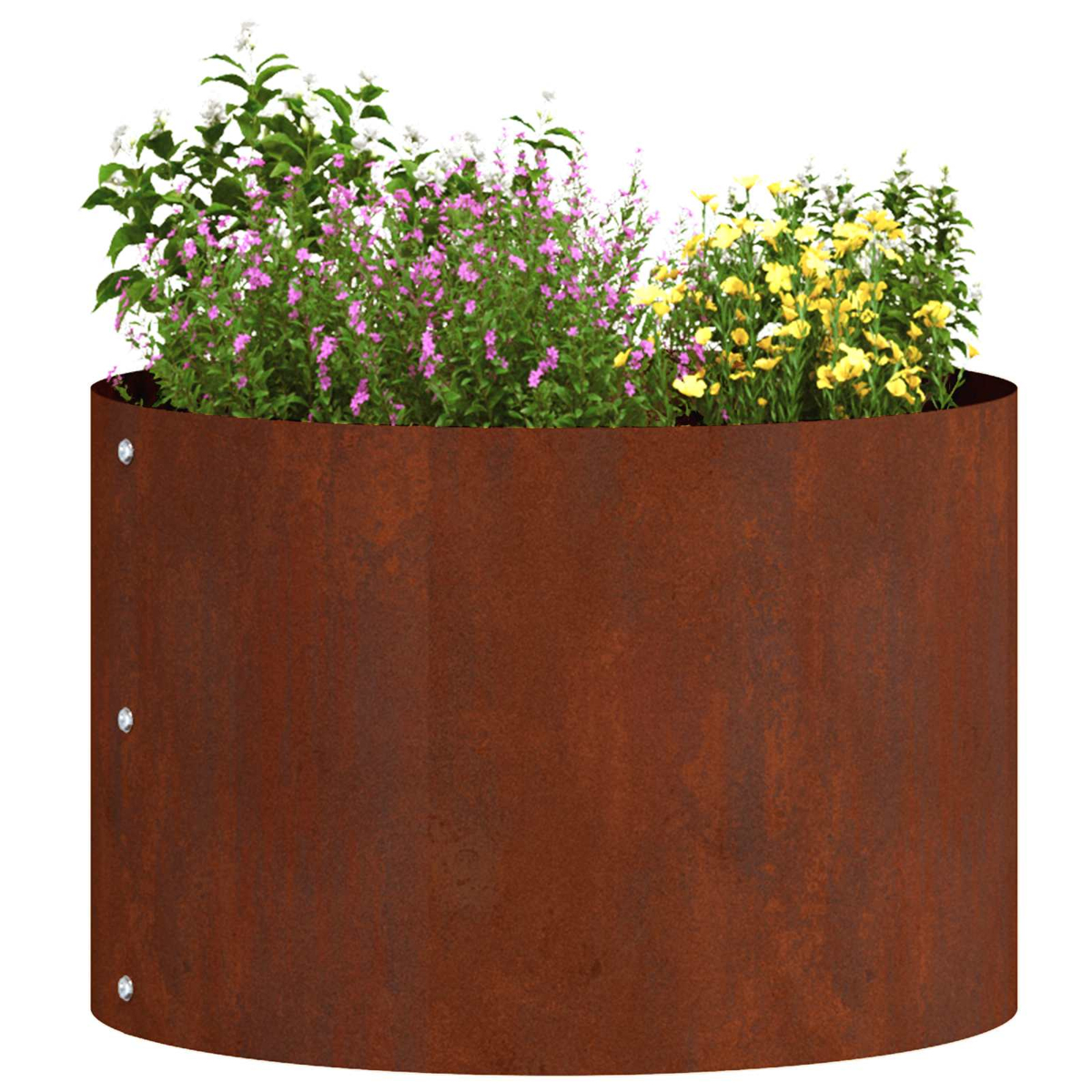 Fioriera in metallo arrugginito con fiori colorati: bianchi, viola e gialli.
