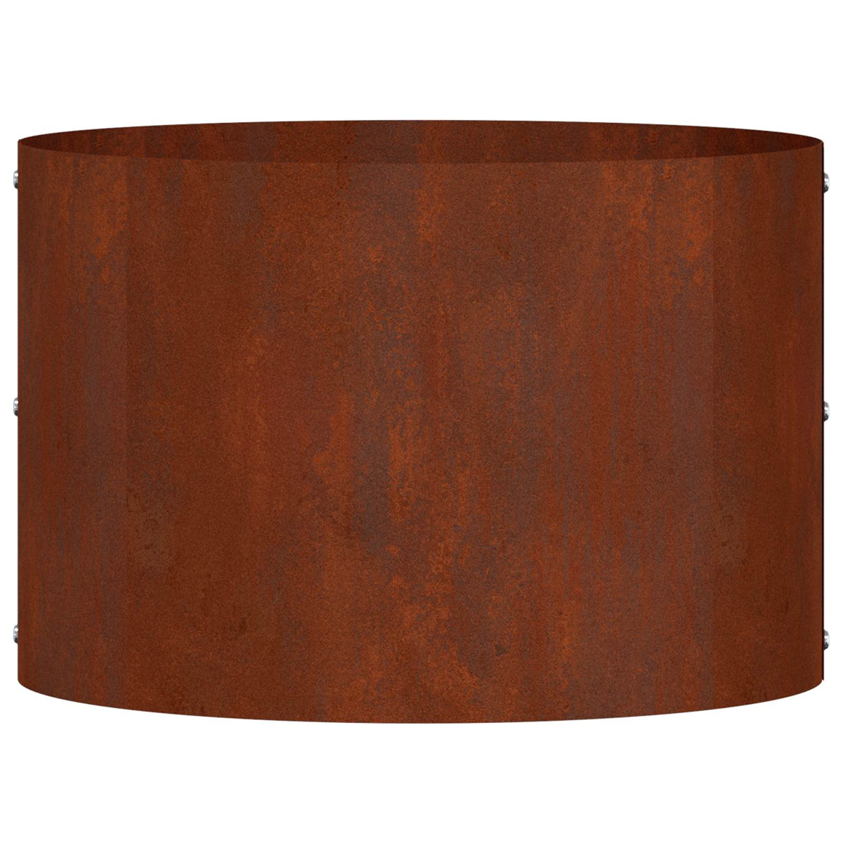 Un anello cilindrico per pozzo del fuoco in acciaio corten con texture arrugginita e rivetti visibili.