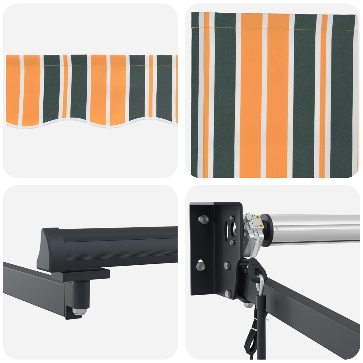 Markisenstoff mit orange-grünen Streifen und silbernem Ausrollmechanismus.