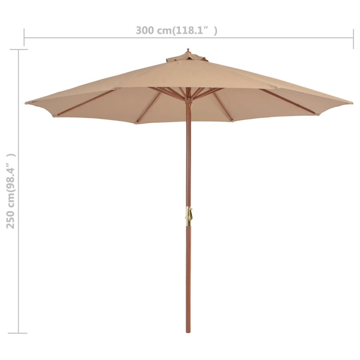 Ein beiger Sonnenschirm mit Holzstiel, 300 cm breit und 250 cm hoch.