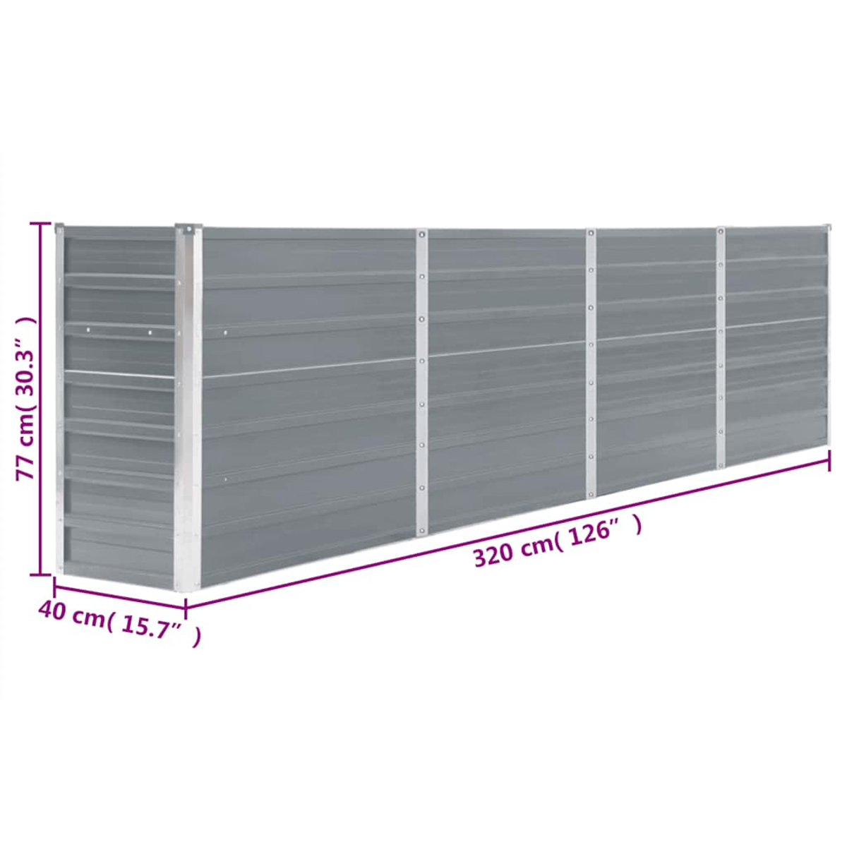 Ein graues Metall-Hochbeet, 320cm lang, 77cm hoch und 40cm breit.
