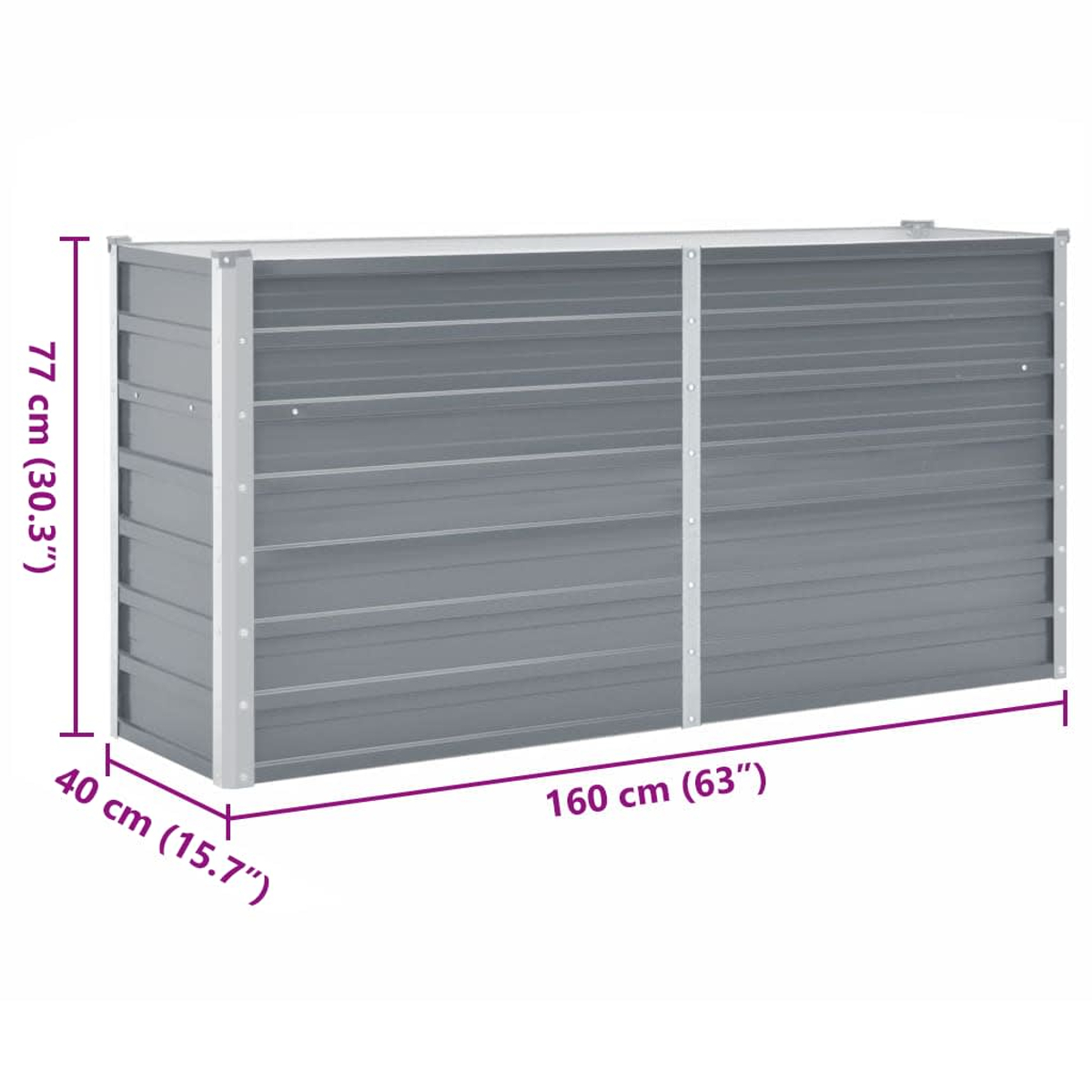 Grauer rechteckiger Pflanztrog aus Metall mit Maßen 160x40x77 cm.