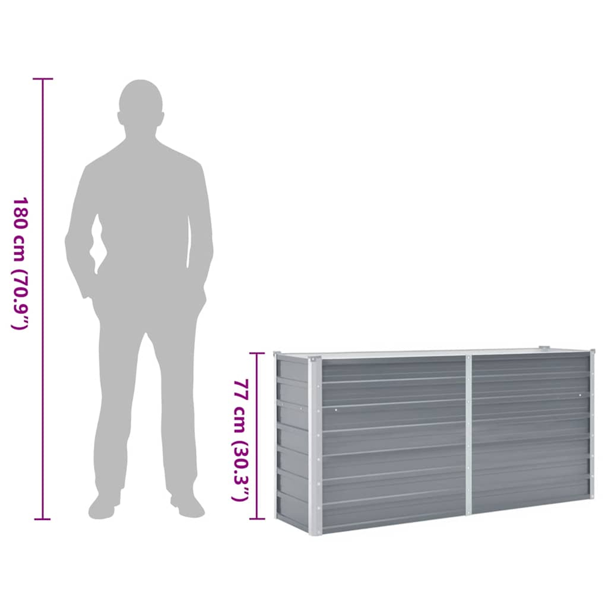 Ein Mann (180cm) steht neben einem grauen Metall-Hochbeet (77cm).