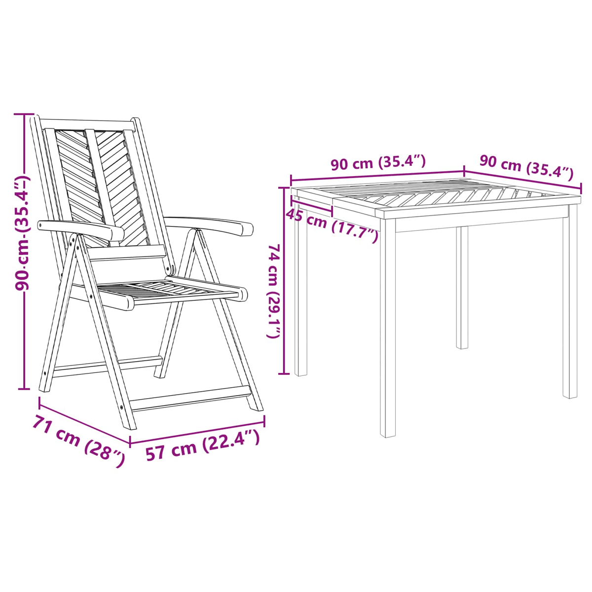 Diagramm zeigt einen Holzstuhl und einen Tisch mit Maßen.