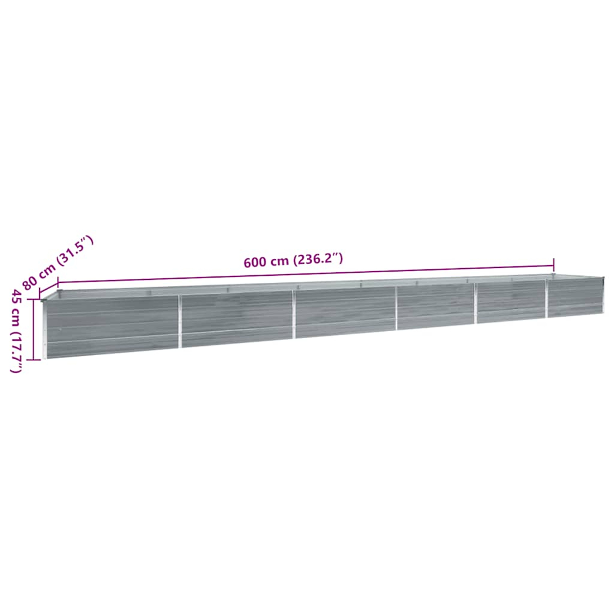 Ein langer, rechteckiger Hochbeet-Rahmen aus Metall, 600cm lang.