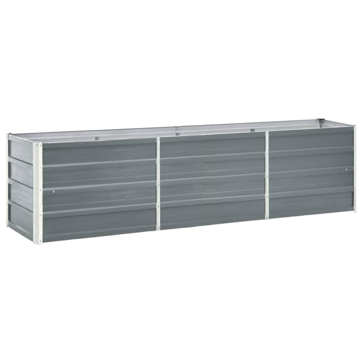 Ein langer, rechteckiger, grauer Blumenkasten aus Metall mit horizontalen Rillen und silbernen Eckstützen ist auf weißem Hintergrund abgebildet.