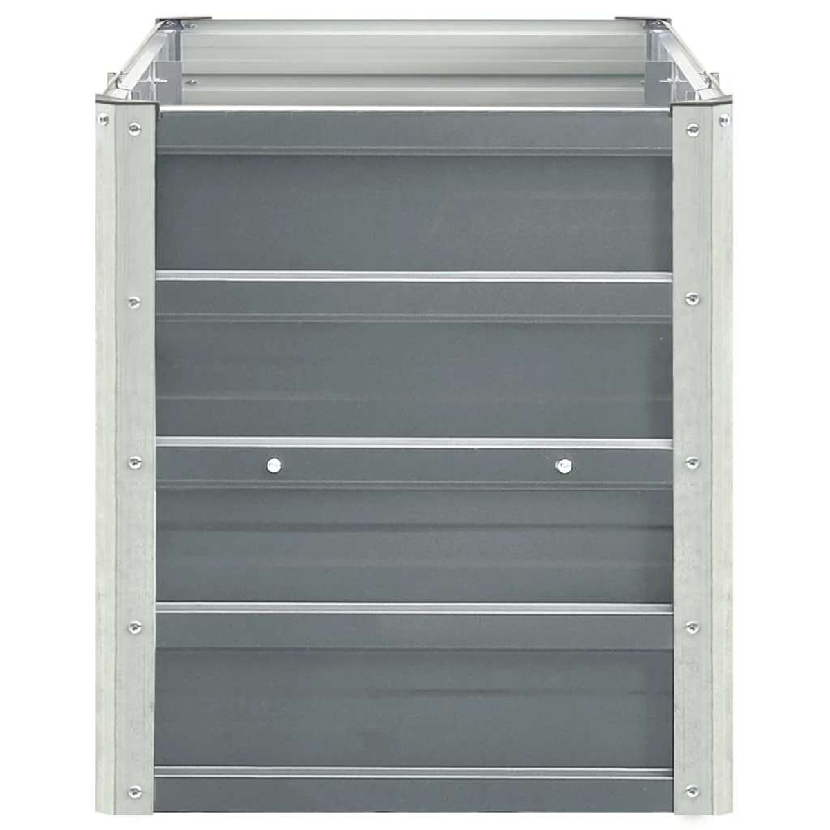 Grauer Hochbeet-Rahmen aus Metall mit horizontalen Lamellen und silbernen Eckpfosten.