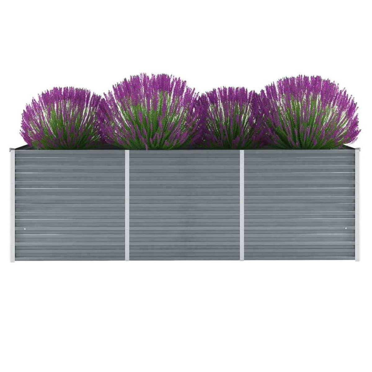 Grauer Hochbeet mit vier violetten Pflanzen auf weißem Hintergrund.