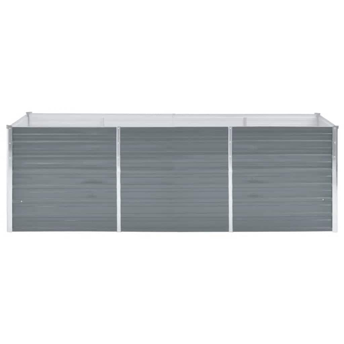 Graues Hochbeet aus Metall mit horizontalen Rillen und silbernen Pfosten.