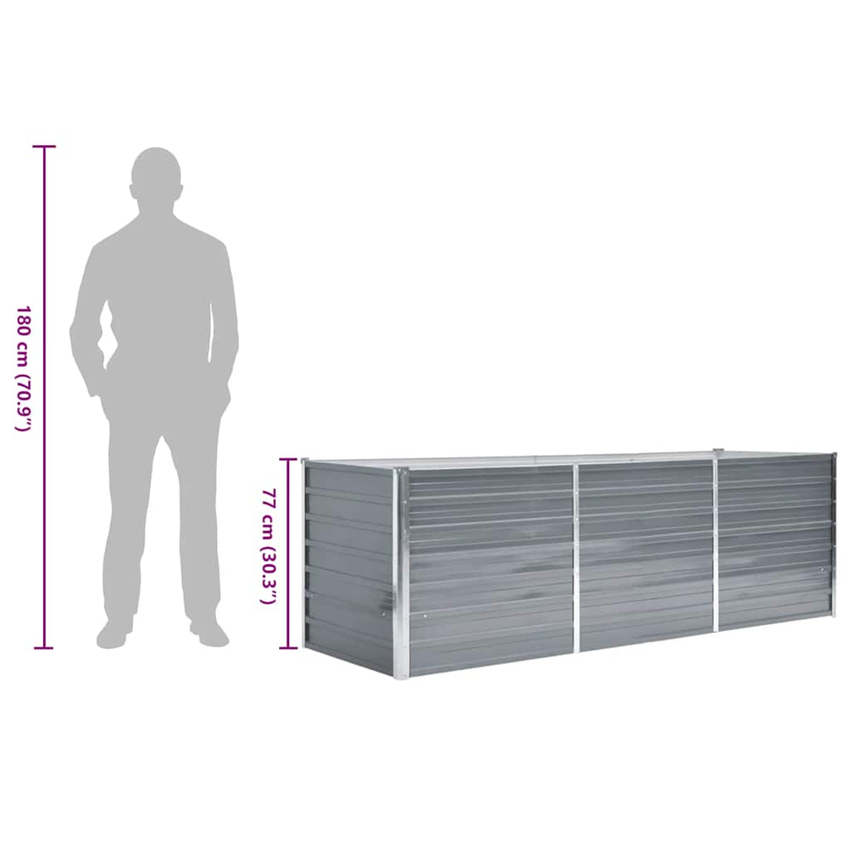 Graue Metall-Hochbeet-Größe mit Person für Maßstab. Höhe 77 cm.