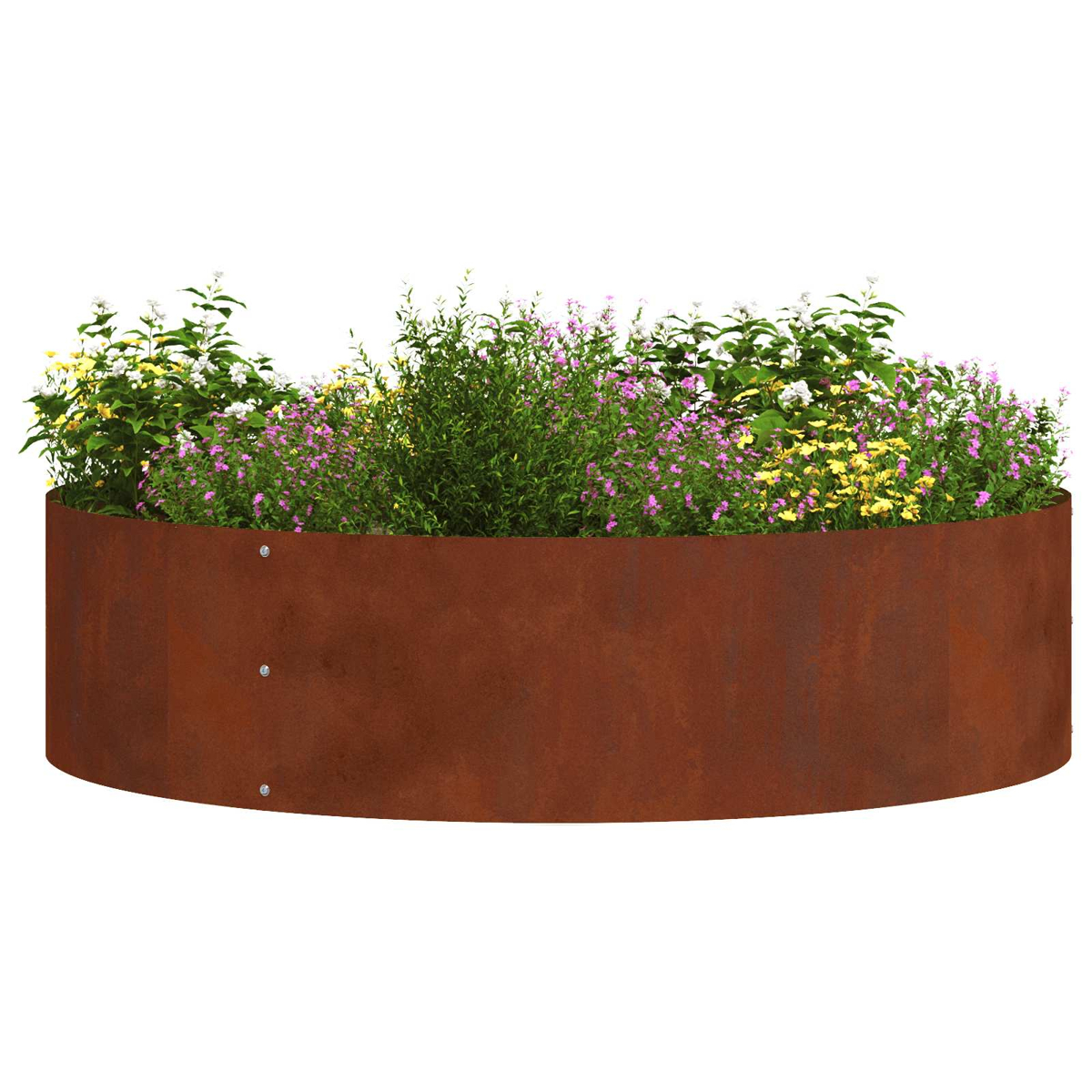 Una fioriera in metallo arrugginito con fiori rosa, gialli e bianchi e fogliame verde.