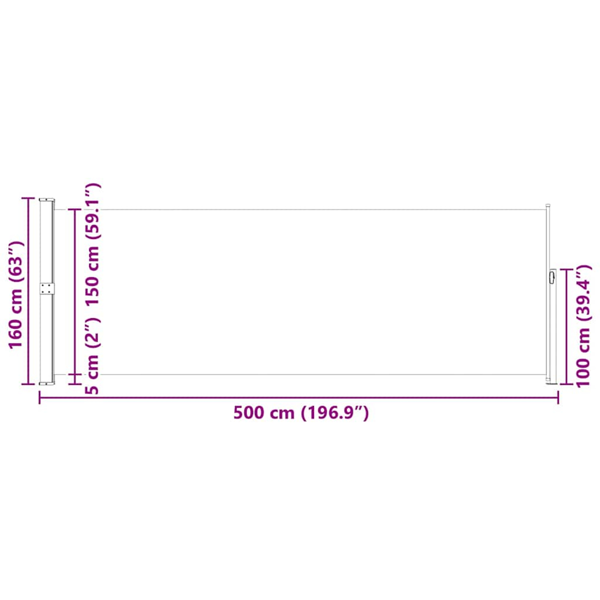 Diagramm zeigt Maße eines langen Objekts: 500 cm Länge, 160 cm Höhe.