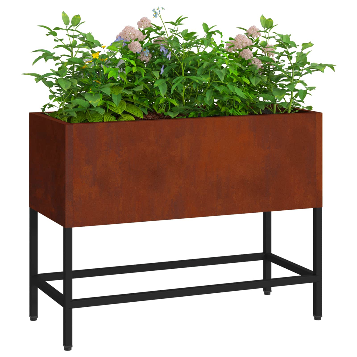 Ein rechteckiger Cortenstahl-Pflanzkasten auf einem schwarzen Metallrahmen mit Grün und rosa Blumen.