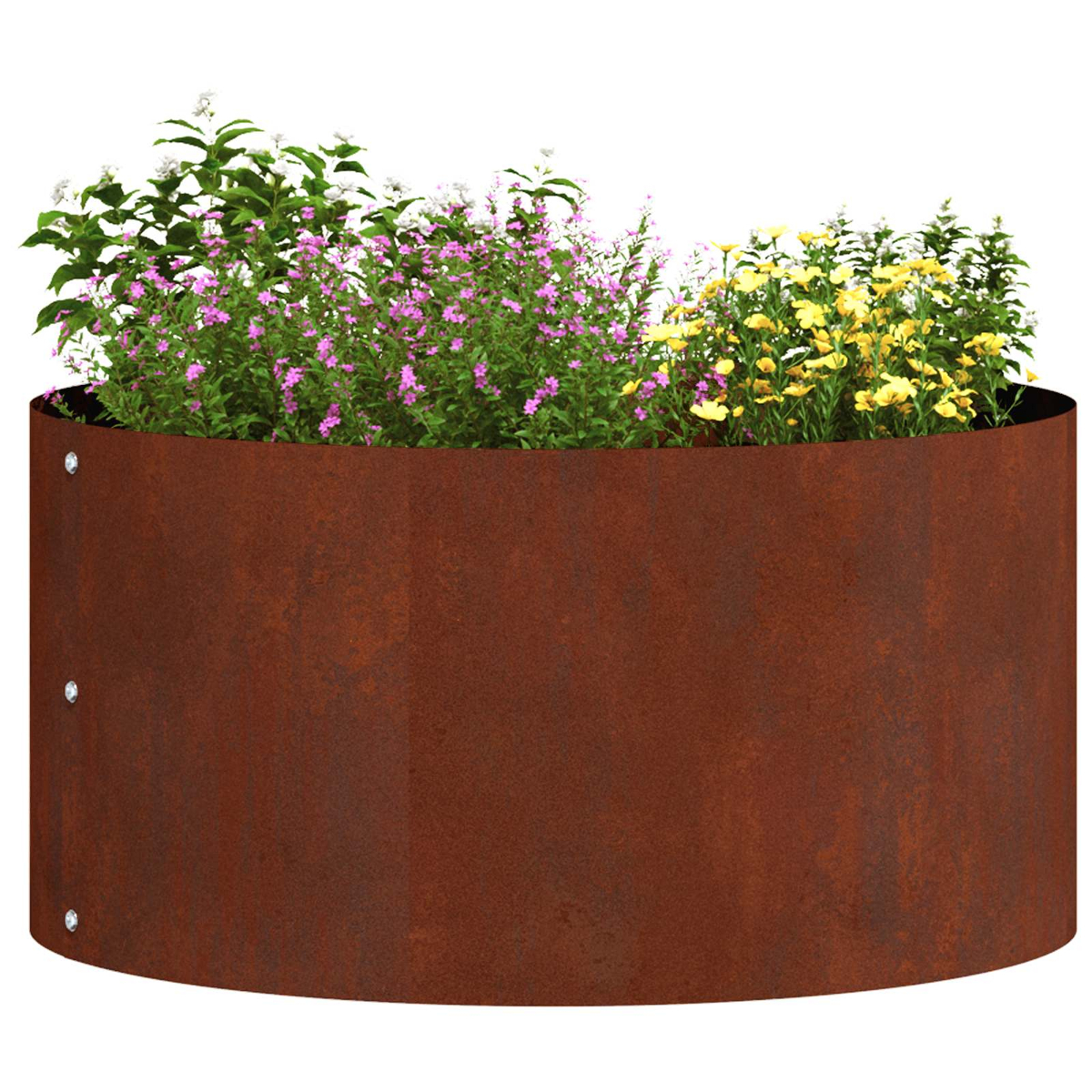 Una fioriera rialzata in metallo arrugginito con fiori viola e gialli.