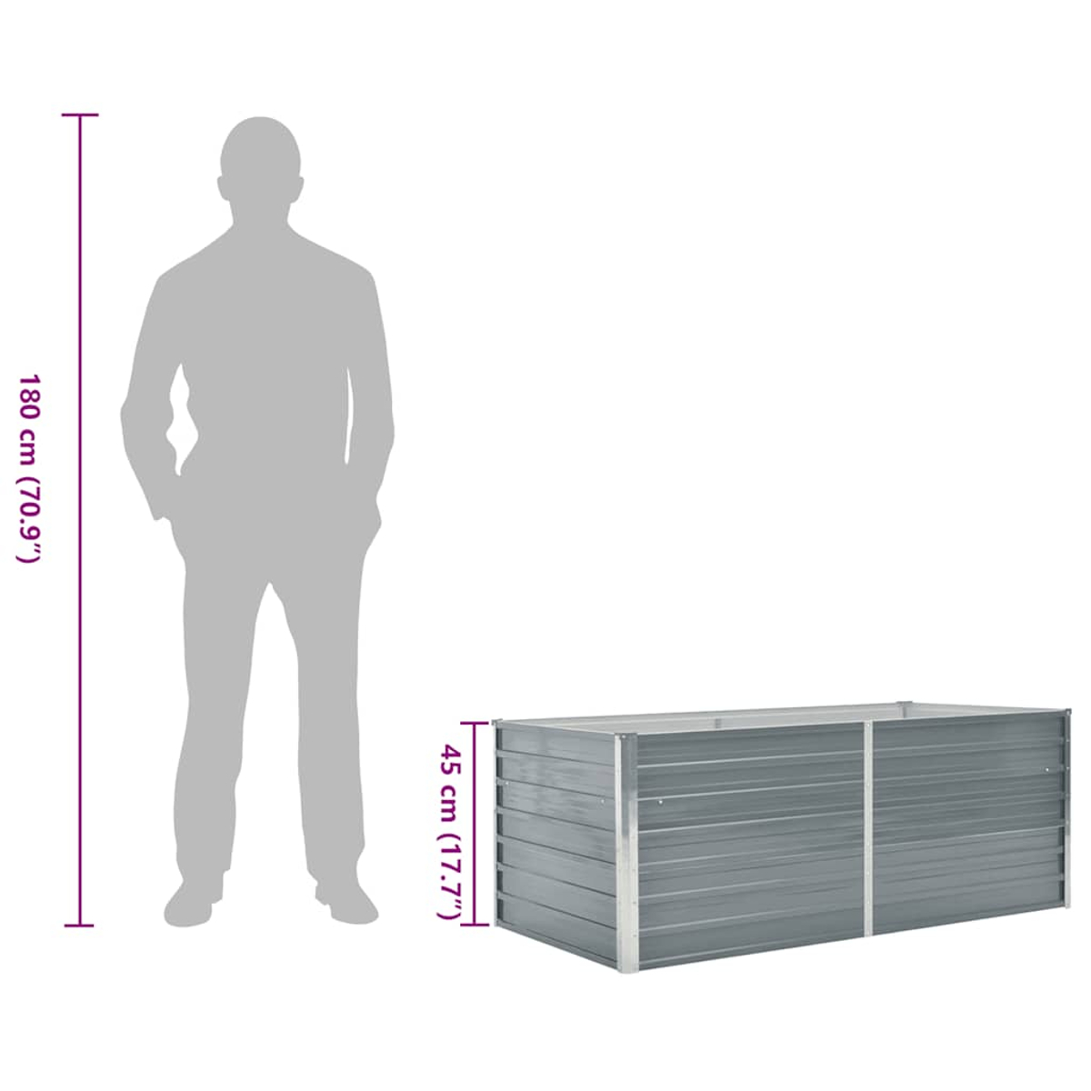 Ein Mann (180 cm) steht neben einem grauen Hochbeet (45 cm).