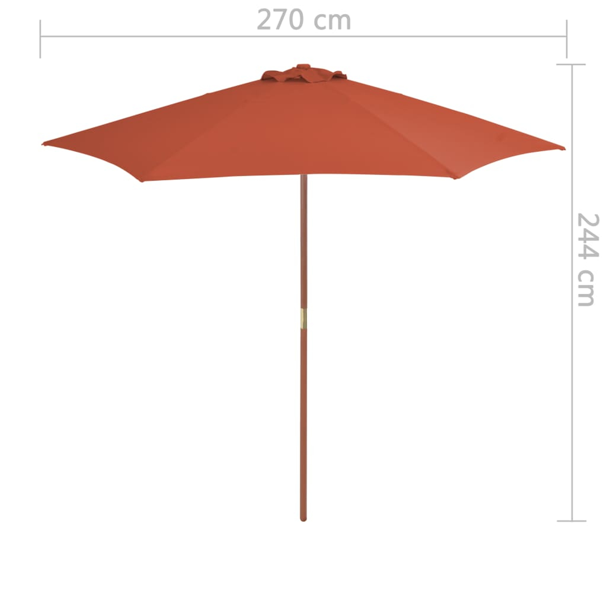 Ein orangefarbener Sonnenschirm mit braunem Ständer, 270 cm breit und 244 cm hoch.