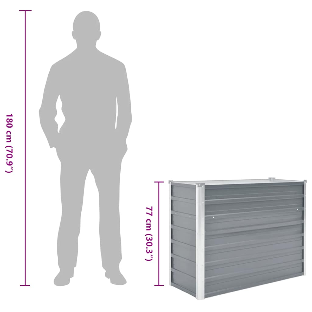 Graue Metallbox, 77cm hoch, neben einer 180cm großen Silhouette einer Person.