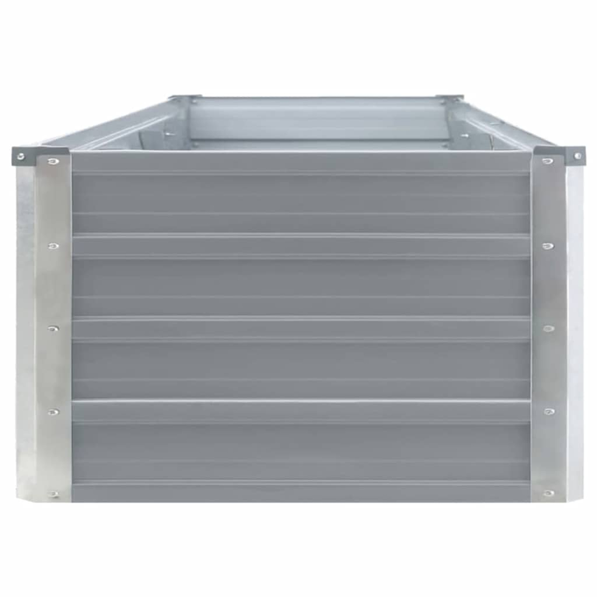Ein rechteckiger grauer Hochbeet-Rahmen aus Metall mit horizontalen Rillen.