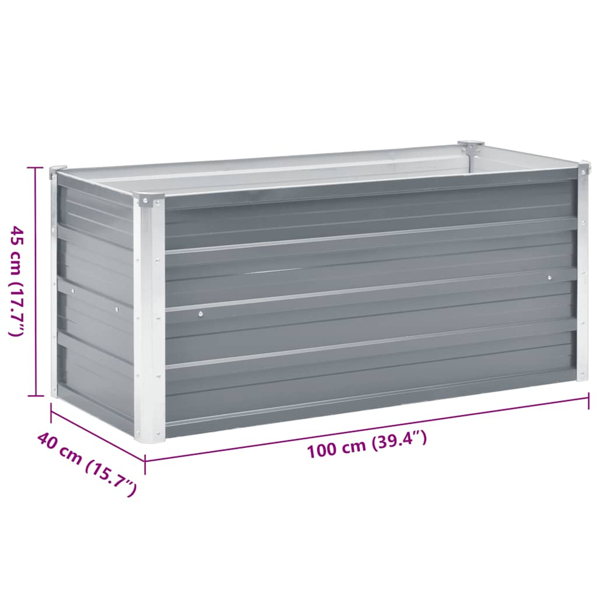 Grauer Metall Hochbeet, 100 x 40 x 45 cm.