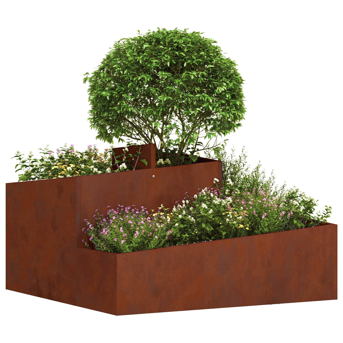 Rostiger, mehrstufiger Pflanzkasten mit einem kleinen Baum und bunten Blumen.
