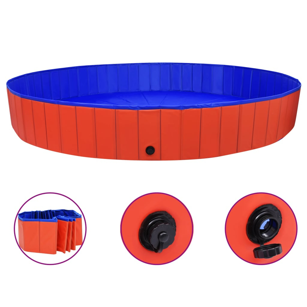 Ein runder, faltbarer Pool mit orangefarbenen Seiten und blauem Innenraum.