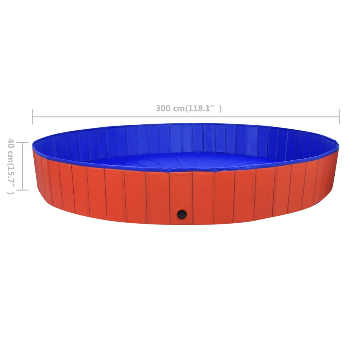 Ein runder, orangefarbener Pool mit blauem Boden und Rand, 300 cm breit.