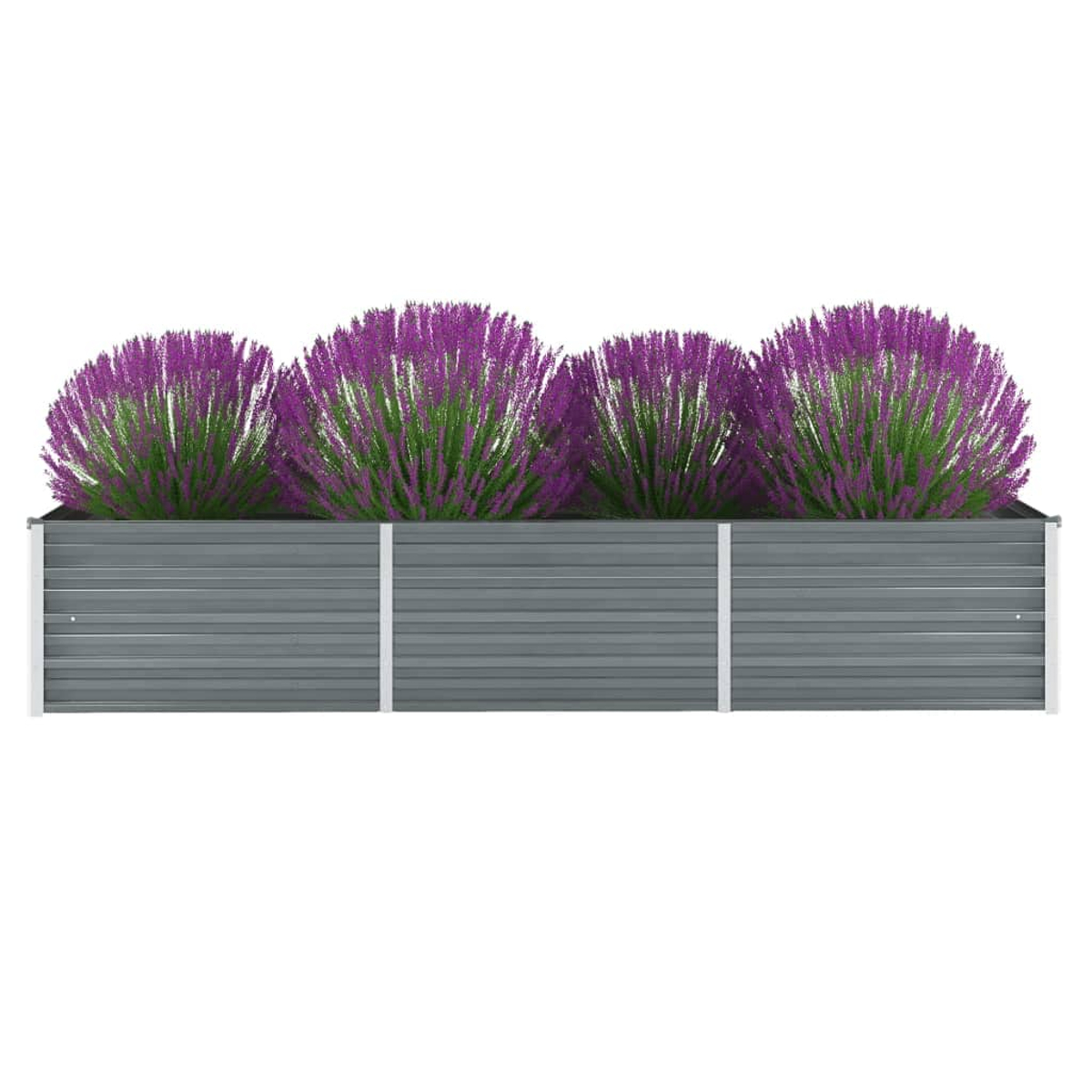 Ein grauer Hochbeetkasten mit vier violetten Ziergräsern und grünen Halmen.