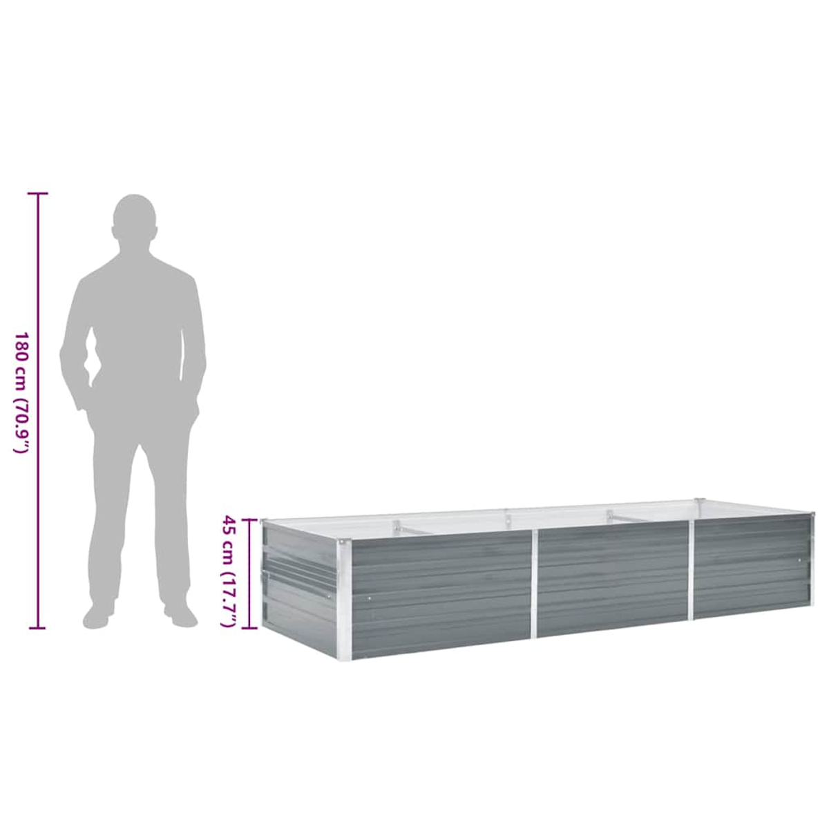 Ein Mann (180cm) steht neben einem grauen Hochbeet (45cm).
