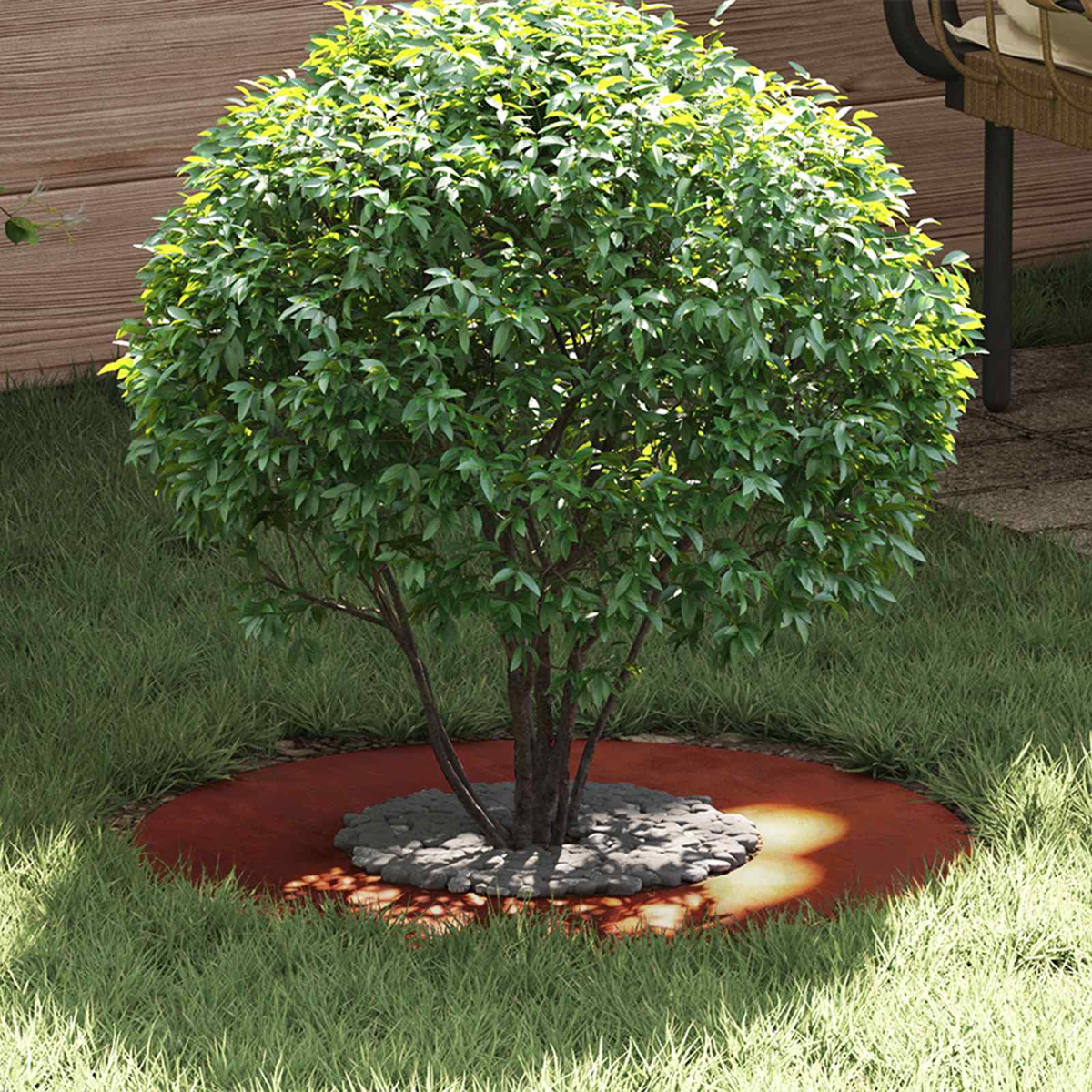 Un albero sferico con foglie verdi si erge sull'erba con pietre rosse e grigie.
