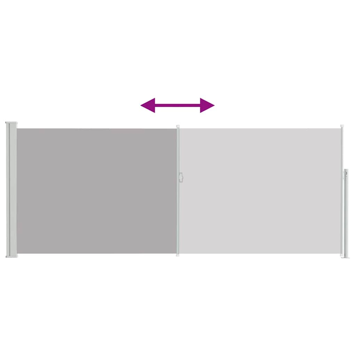 Una tenda laterale retrattile con due pannelli in tessuto grigio e frecce.