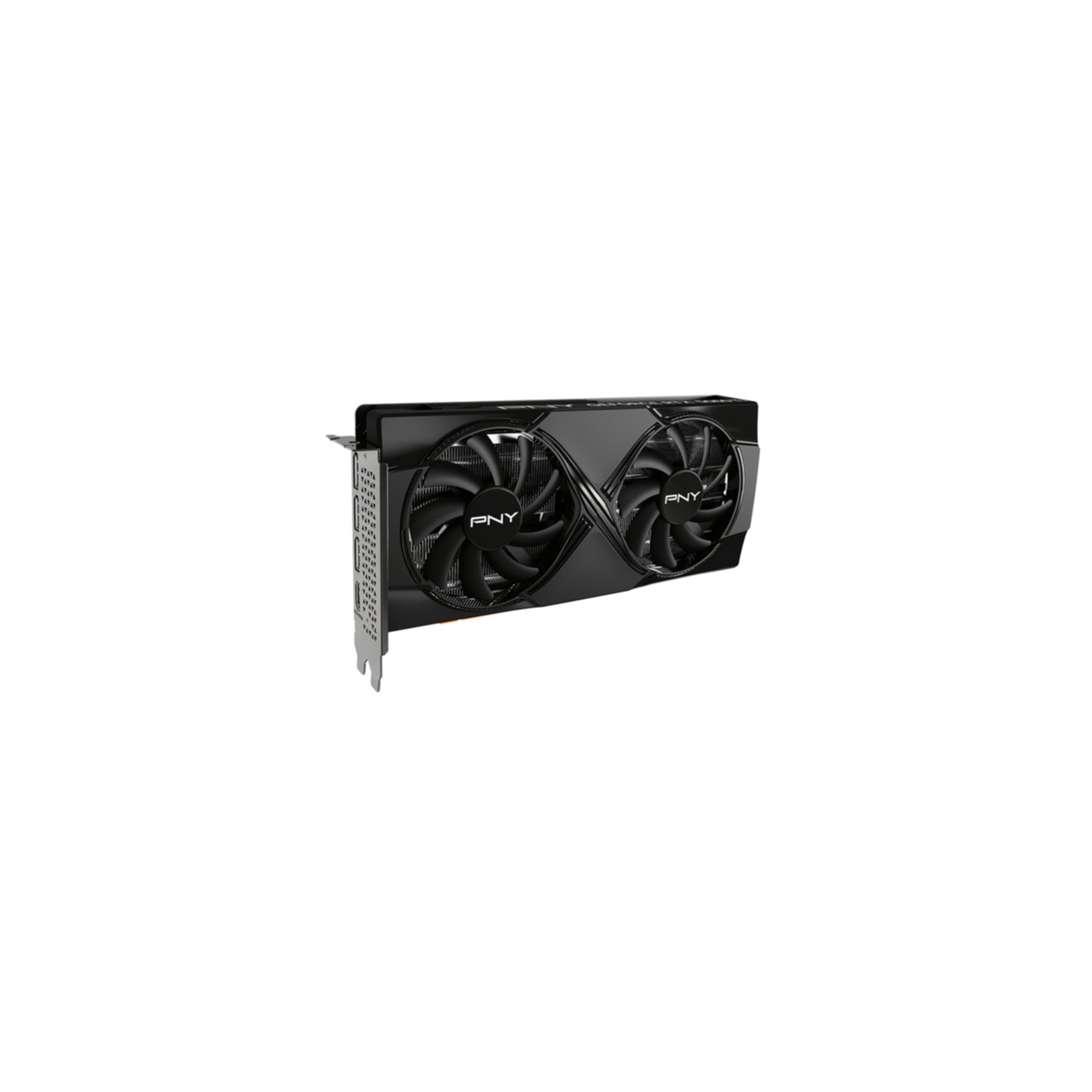 Black graphics card with two fans and PNY logo.