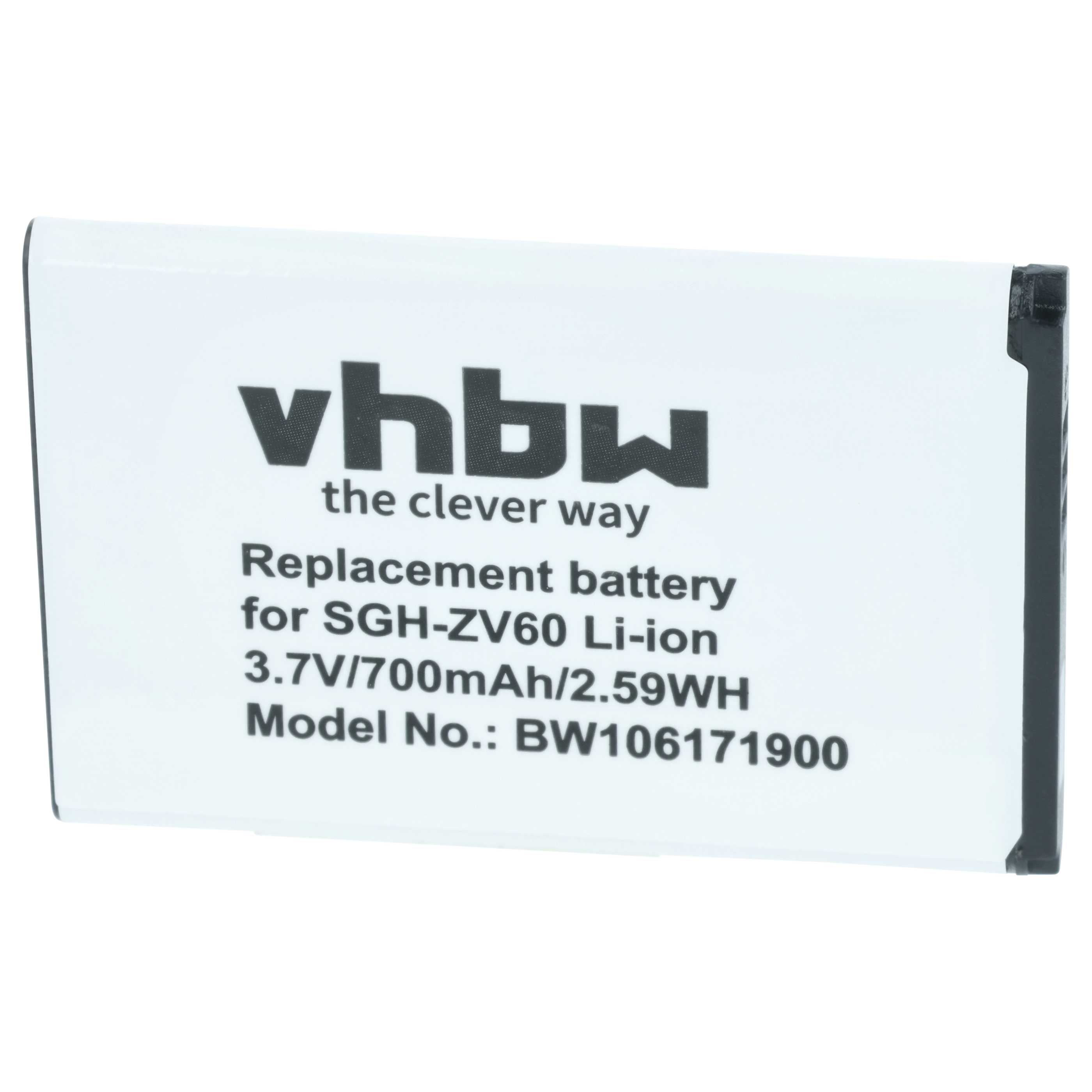 Weiße Batterie mit schwarzem Text: vhbw, Ersatzakku für SGH-ZV60.