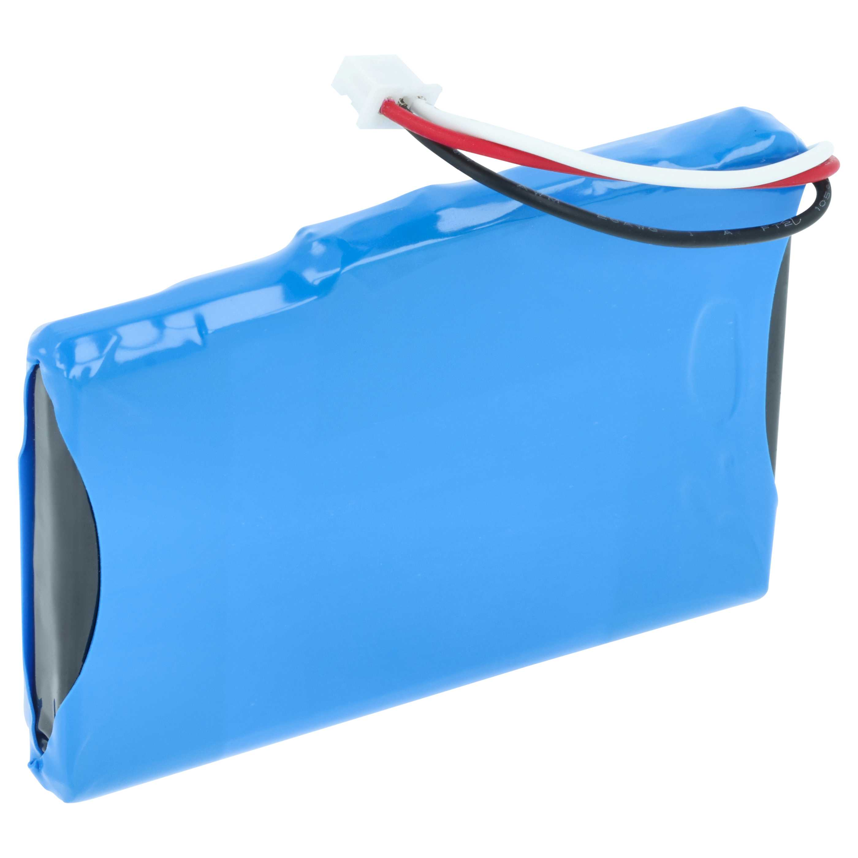 Ein blau verpackter Akku mit weißen, roten und schwarzen Kabeln.