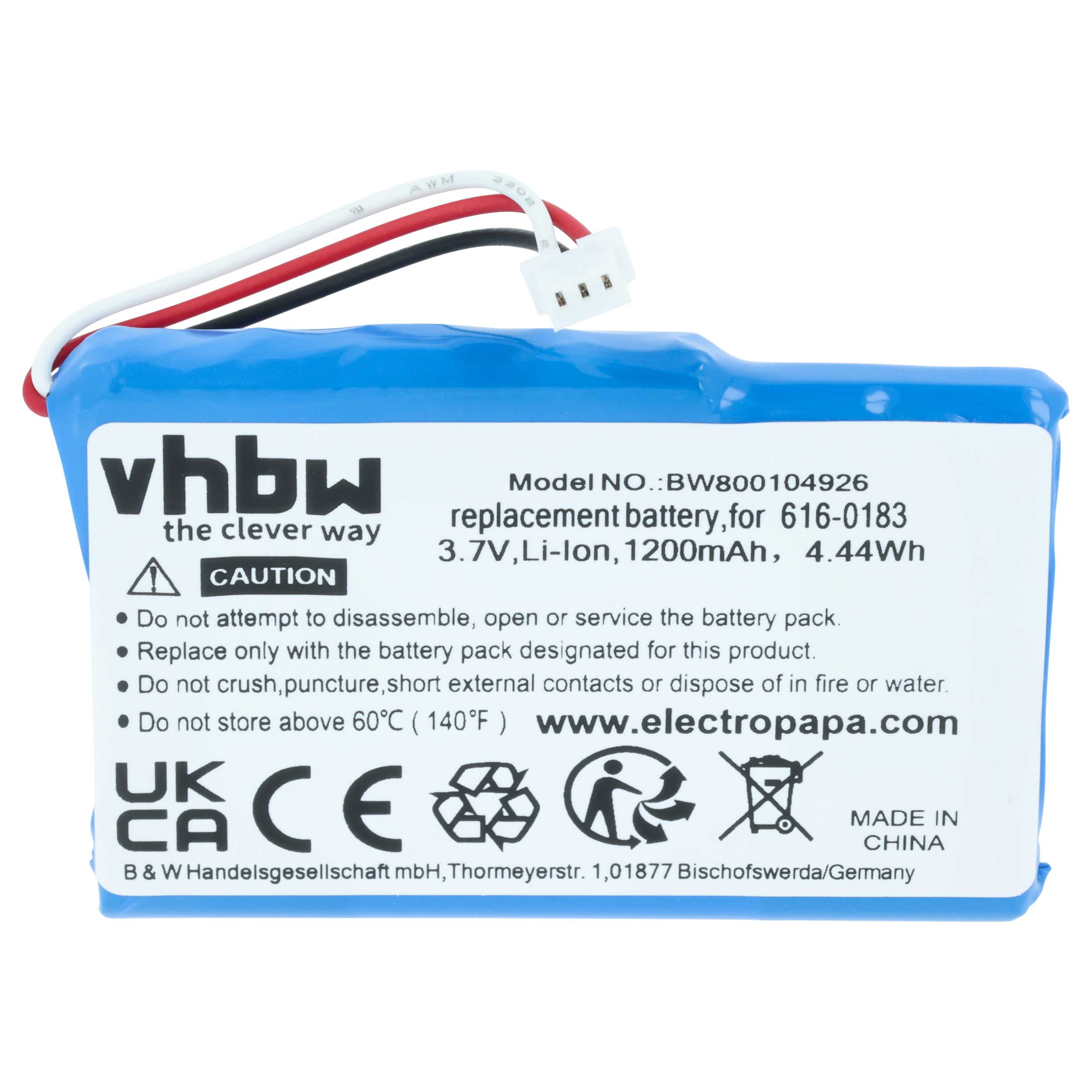 Blauer Lithium-Ionen-Akku mit Kabeln und Aufkleber mit Warnhinweisen.