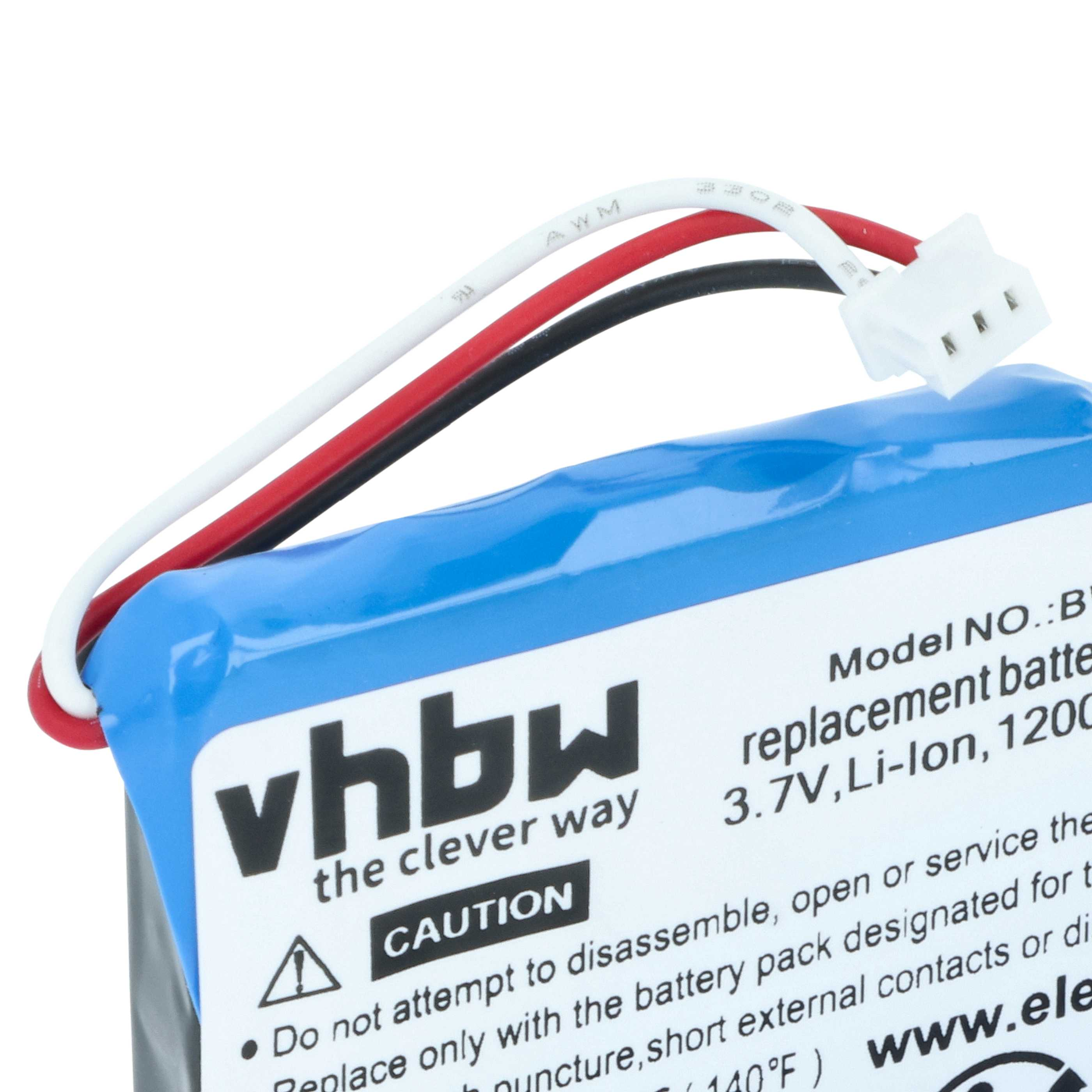 Ein blauer vhbw Ersatzakku mit weißen, roten und schwarzen Kabeln und einem weißen Stecker.