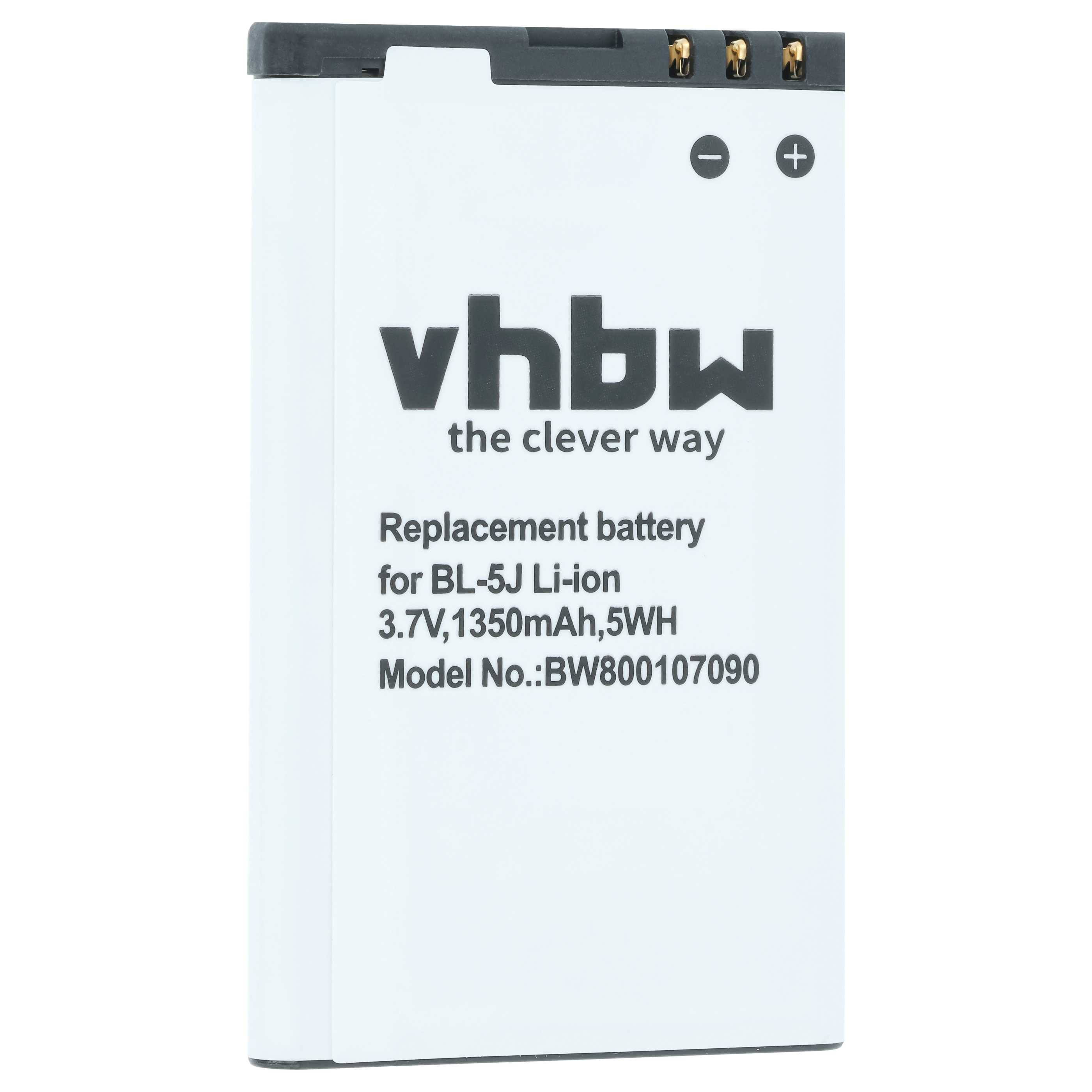 Ersatzakku für BL-5J Li-ion, 3.7V, 1350mAh, 5WH. Modell BW800107090.