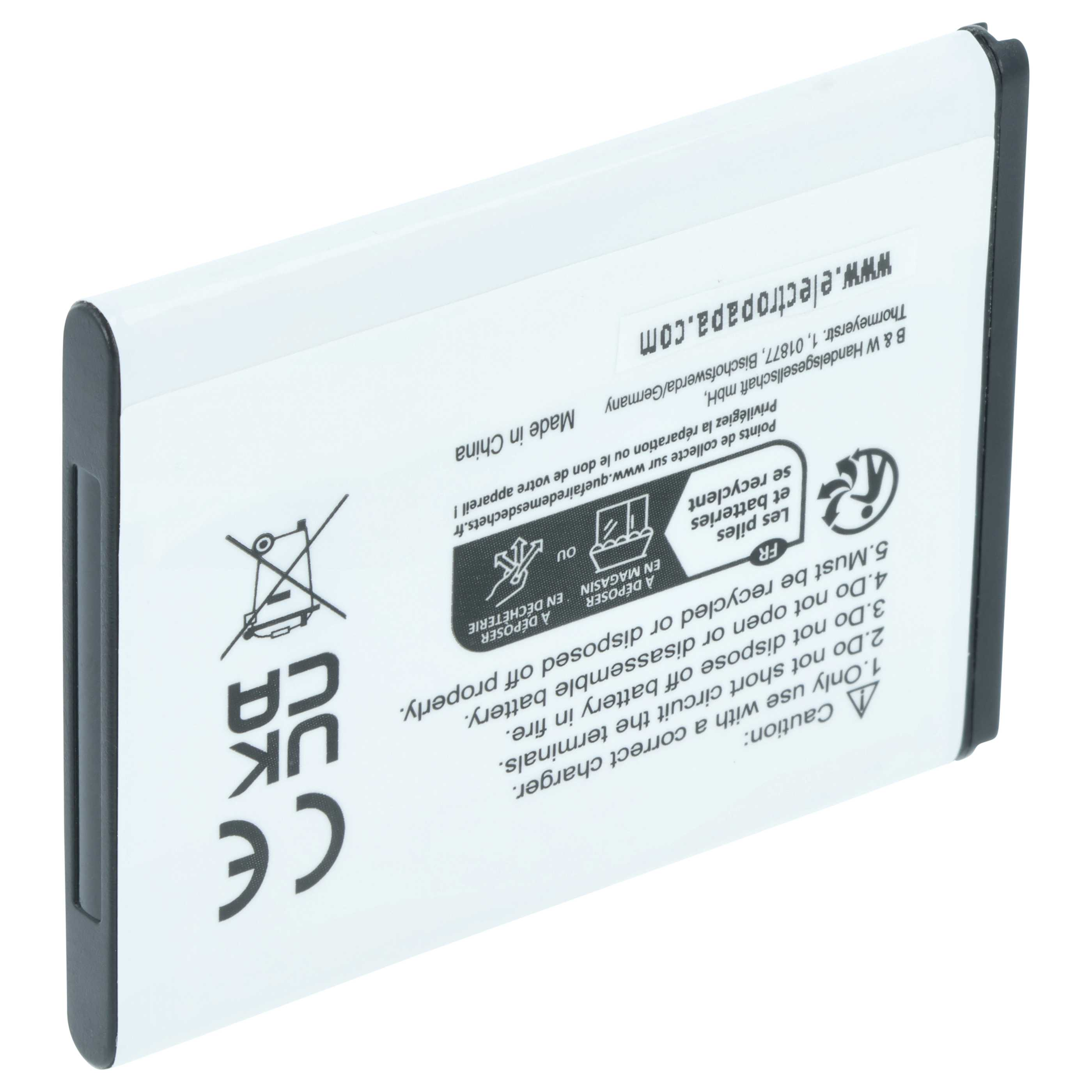 Weiße Batterie mit schwarzen Rändern, Warnsymbolen und Text.