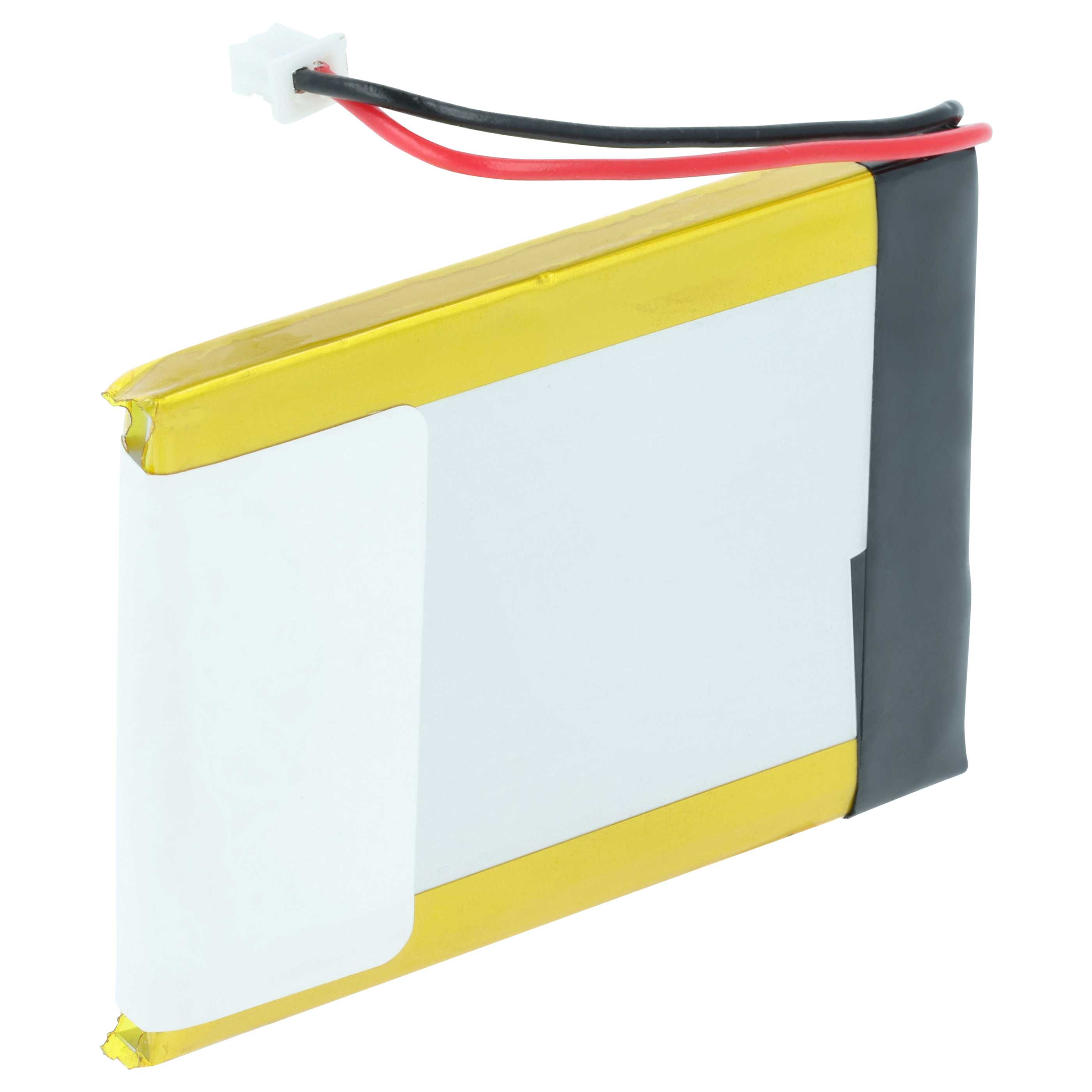 Ein gelber Lithium-Polymer-Akku mit schwarzen und roten Kabeln sowie einem weißen Stecker.