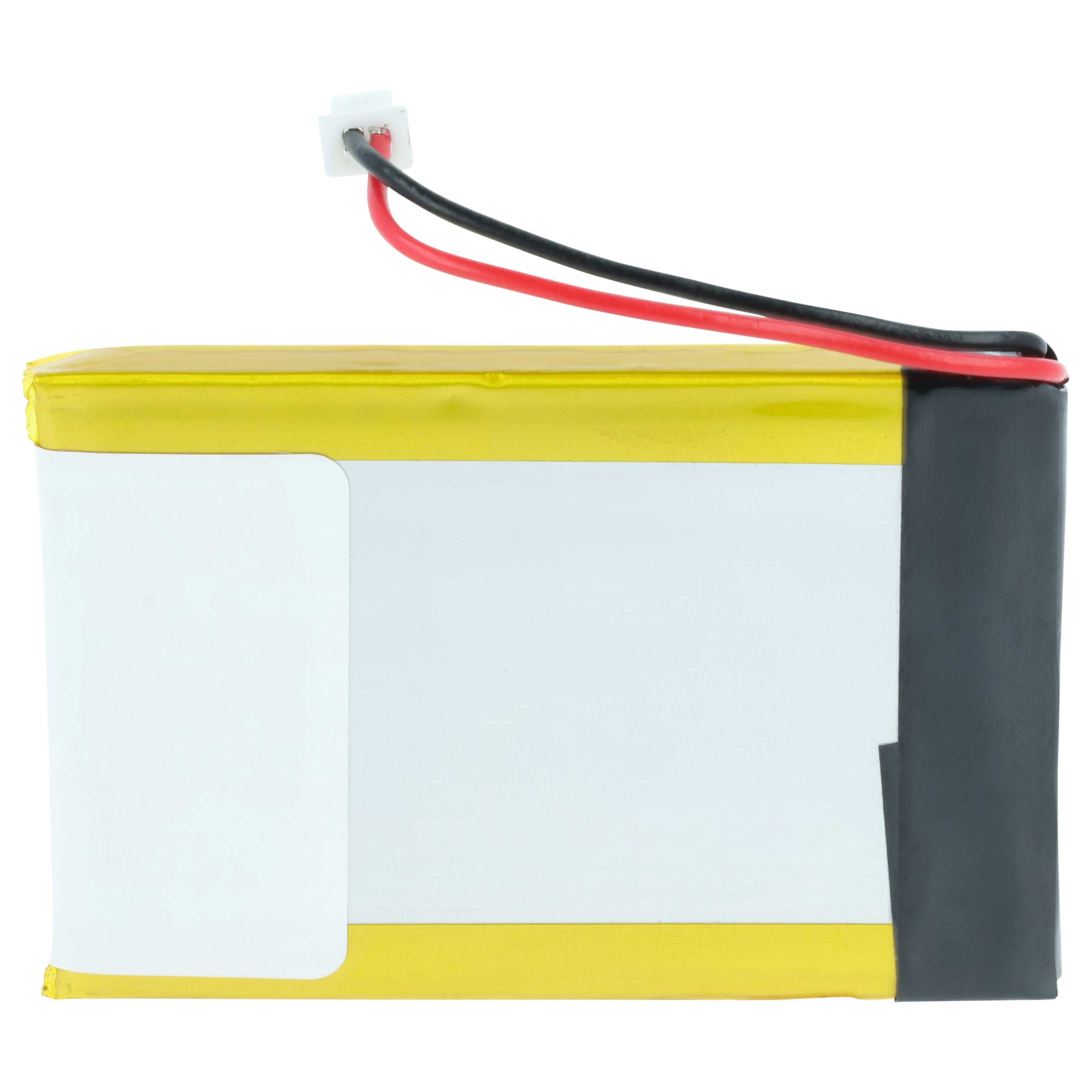 Ein kleiner Lithium-Polymer-Akku mit gelbem Gehäuse und schwarzen/roten Kabeln.