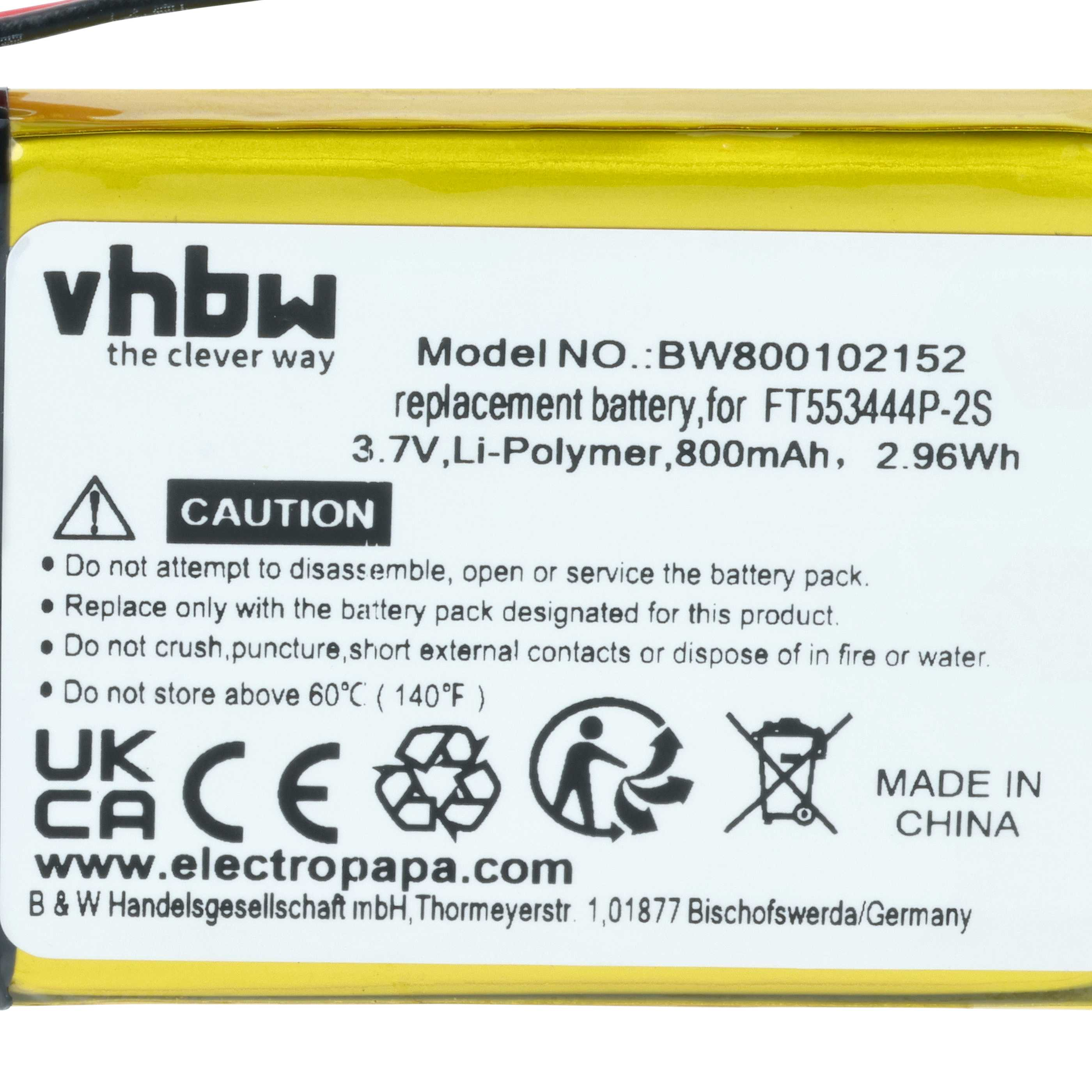 Ein gelber Akku mit Aufkleber, Modell BW800102152, 3,7V, 800mAh.