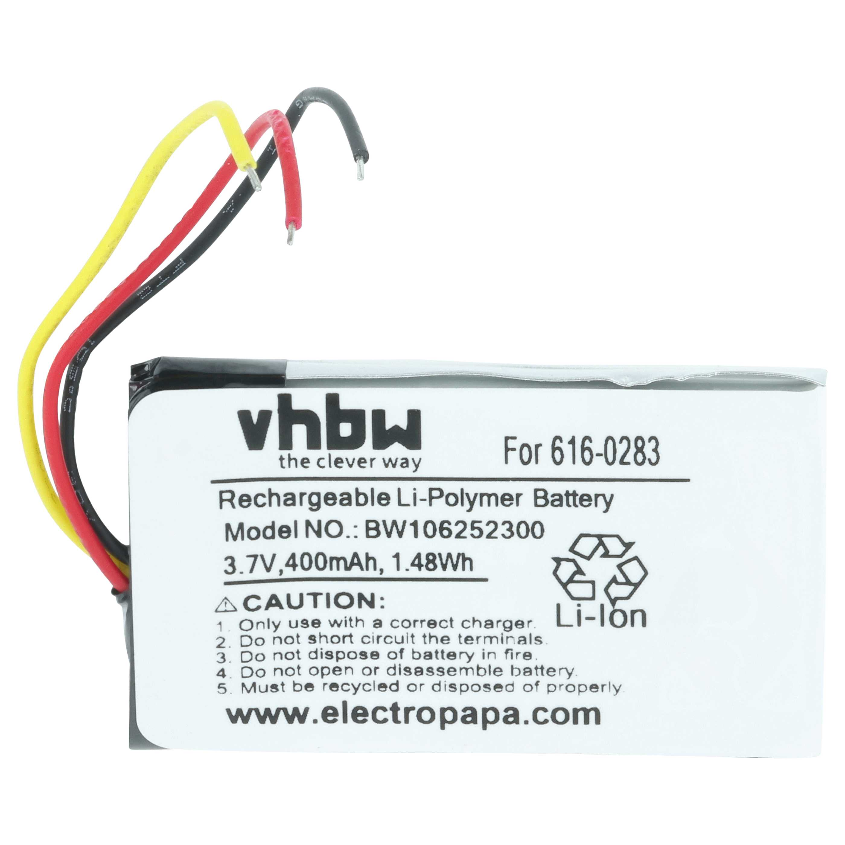 Ein Li-Ion Polymerakku mit Kabeln, Modell BW106252300, 3,7V, 400mAh.